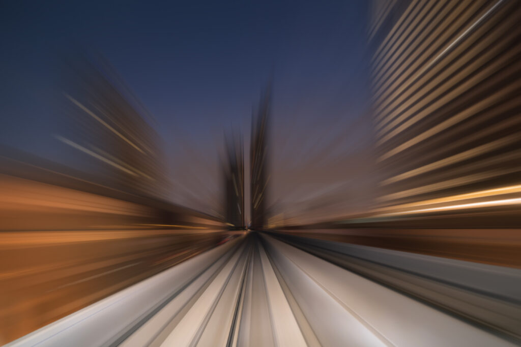 Train view. blurry speed motion on railway tunnel for futuristic network connection technology, digital data in transportation concept. Abstract background. Railway