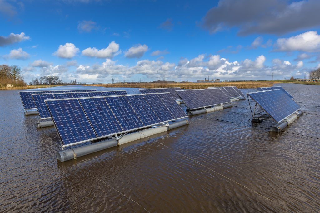 Solar panels floating on lake