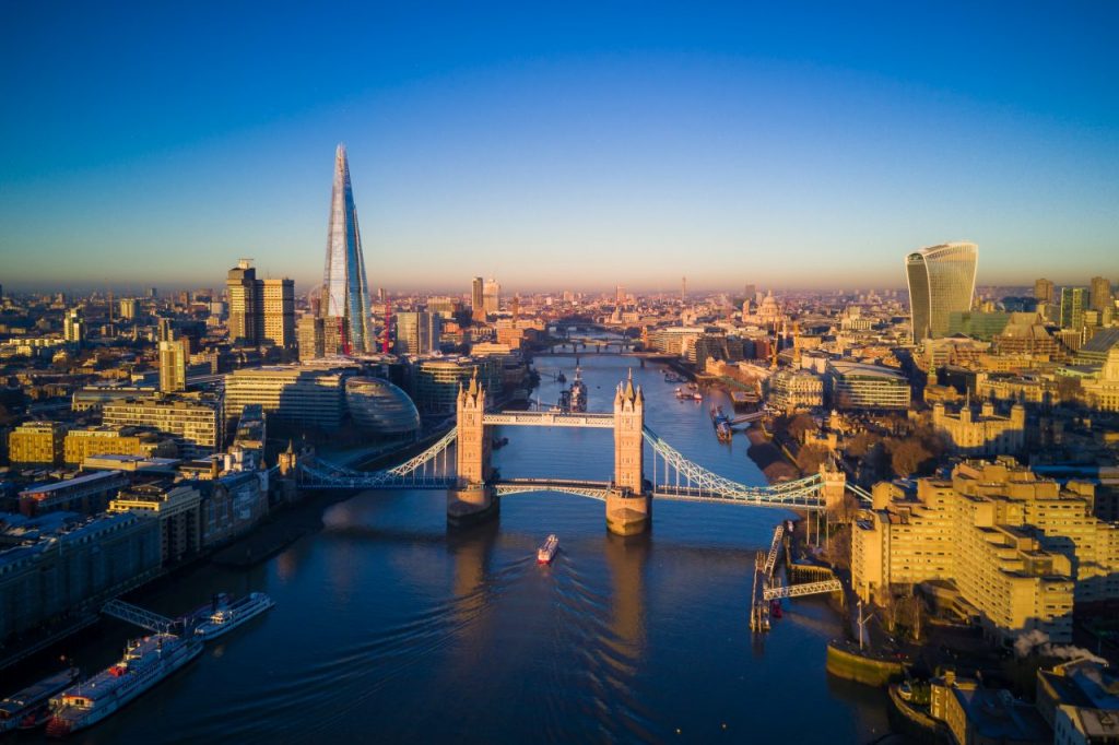 aerial-view-of-london-and-the-tower-bridge-2SDZ6W9