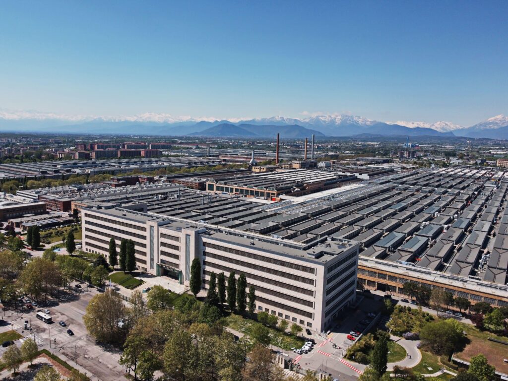 Top view of the Mirafiori plant of the Stellantis group, the fourth largest automotive group in the world. Turin, Italy - April 2021